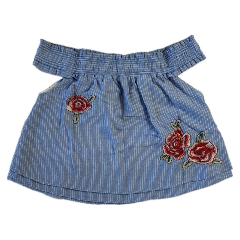 Boho Festival Off Shoulder Rose Embroidered Blue Stripe Crop Top Medium Shirt - Picture 3 of 8